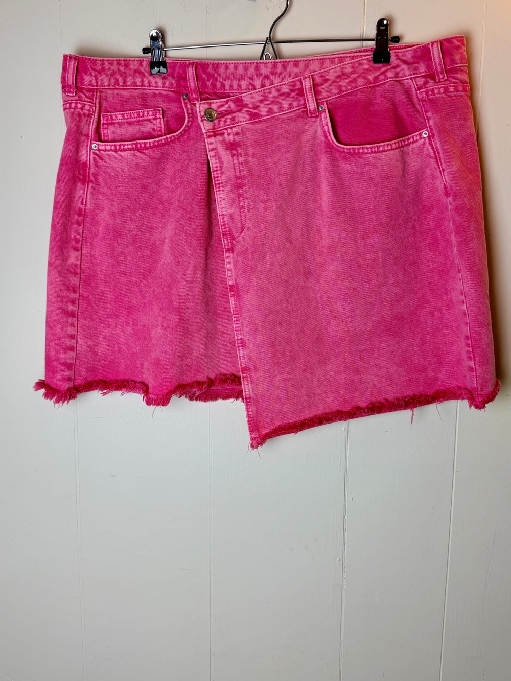 Boohoo Hot Pink Denim Mini Skirt with Asymmetrical Raw Hem
